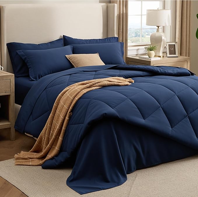 Bedsure 7 Pieces Queen Comforter Set Premium Series Hotel Luxury Soft Bed in a Bag Goose Down Alternative Safe for Sensitive Skin Bedding Comforter All Season Medium Warmth Navy Blue Queen Size
