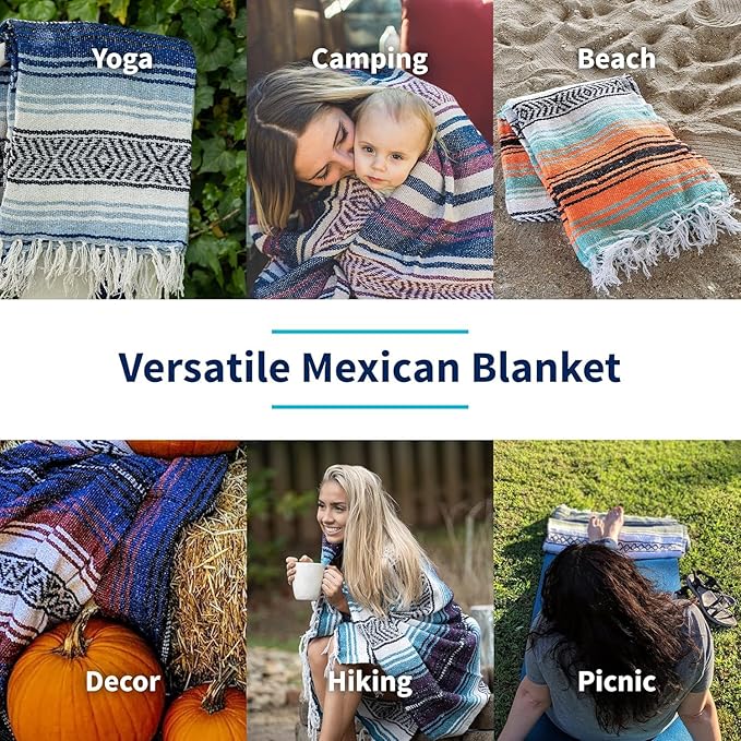 La Montana Mexican Blankets and Throws 4 Pack 74x50 - Made in Mexico Lightweight Yoga Blanket for Schools Studios Outdoors Camping Picnic Decor (Dark Brown/Tan/Charcoal)