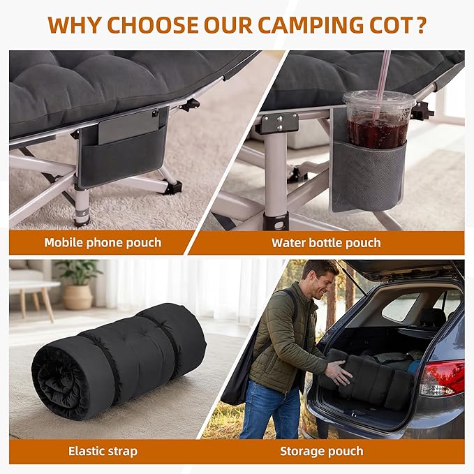 Camping Cot for Adults 2 Pack Heavy Duty Folding Sleeping Cots with Carry Bag Portable Camp Bed with Double Layer 1200D Oxford Fabric &amp Mattress Travel Cot for Camping Beach Patio Home Offic