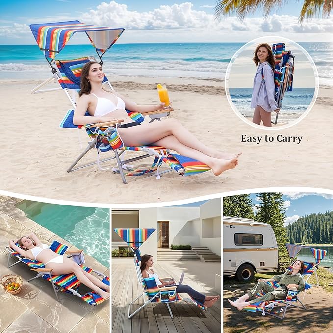 70'' Extra Long Beach Lounge Chair Tanning Chair with Canopy &amp Face Holes &amp Arm Holes &amp Storage Pocket Adjustable Foldable Recliner with Carry Strap (2 Rainbow)