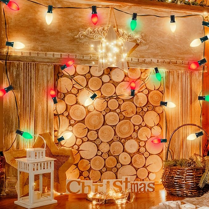 C7 LED Christmas String Lights 25FT Vintage Multicolor Lights with 27 Red/Green/White Ceramic LED Bulbs Outdoor String Lights for Christmas Tree Party Backyard - Green Wire