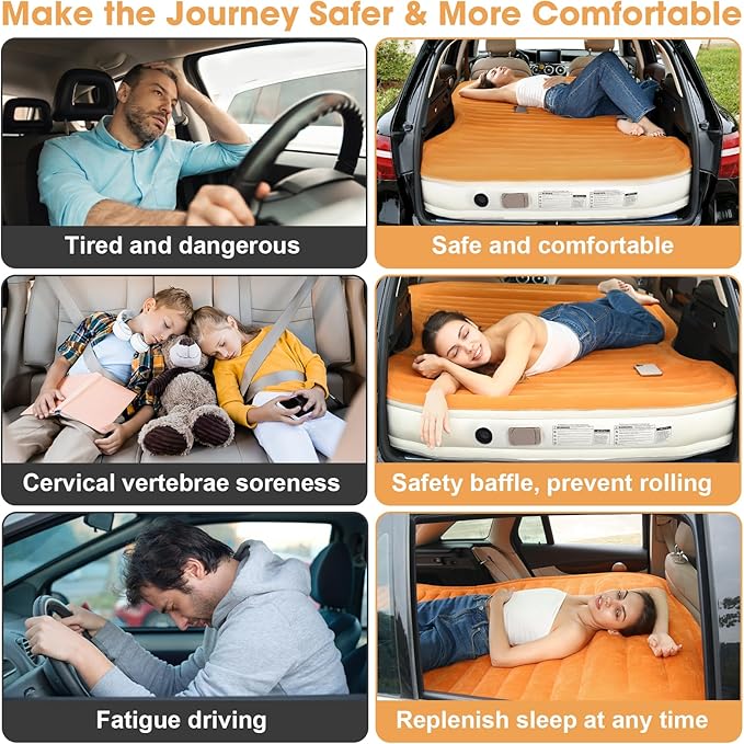 KMZ SUV Air Mattress with Built-in Pump &amp 2 Pillows Thickened Flocked PVC Quick 90-Seconds Inflation Air Bed Portable &amp Durable Car Air Bed for Camping Travel Truck