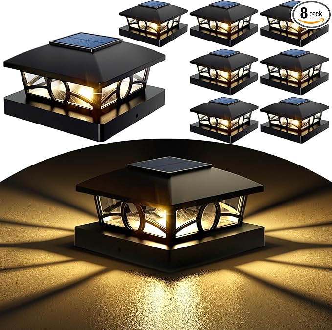 NIORSUN Solar Post Lights Outdoor Fence Post Solar Lights Warm White Outdoor Waterproof Edison LED Bulbs Garden Patio Fence Deck Decor Post Cap Lights 4x4 Wood Vinyl Black 8 Pack