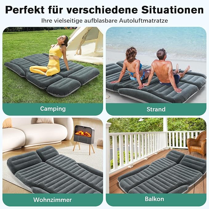 KMZ SUV Air Mattress Double Sided Thickened Flocking Car Bed – Portable Inflatable Mattress Pad for Camping &amp Travel with 2 Pillows &amp Electric Pump (Green+Light Gray)