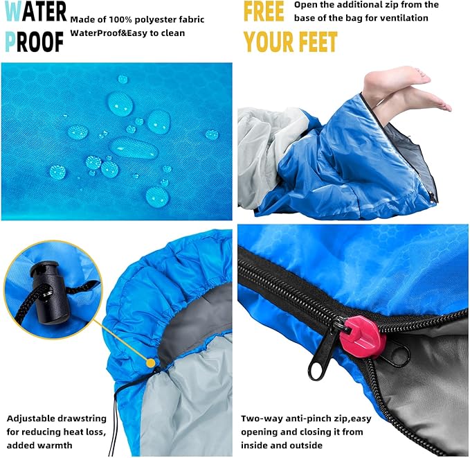 Sleeping Bag for Adults Girls Boys - 3 Season Warm &amp Cool Weather Lightweight Waterproof Camping Bag for Hiking Outdoor Travel