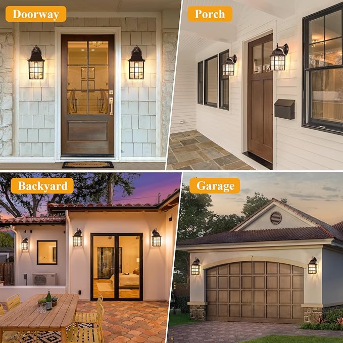 Farmhouse Exterior Light Fixtures - Sensor Dusk to Dawn Outdoor Porch Lights Black Brush Gold Wall Sconce Outside Wall Lantern for Front Door Garage 2 Pack