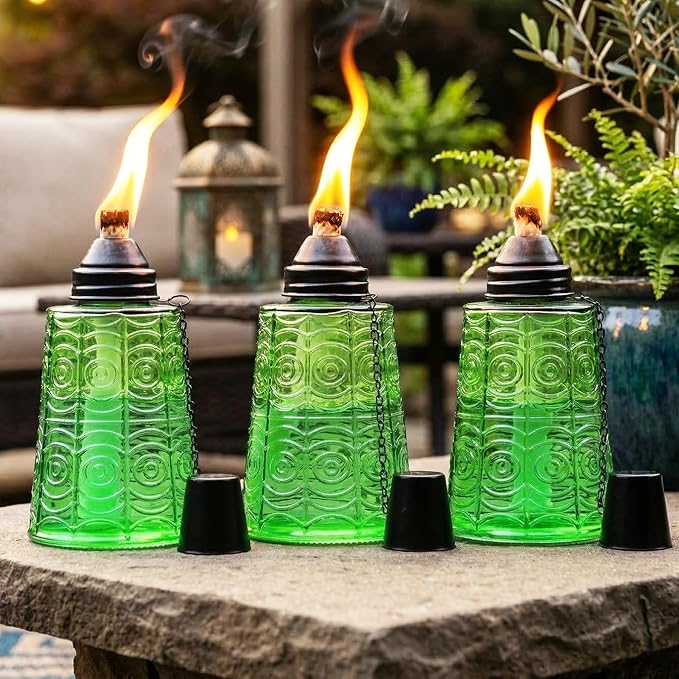 Seraphic Citronella Table Top Torches for Outdoor Patio 16oz Decorative Glass Torch Citronella Candles for Outside Deck Garden Parties Set of 3 Green