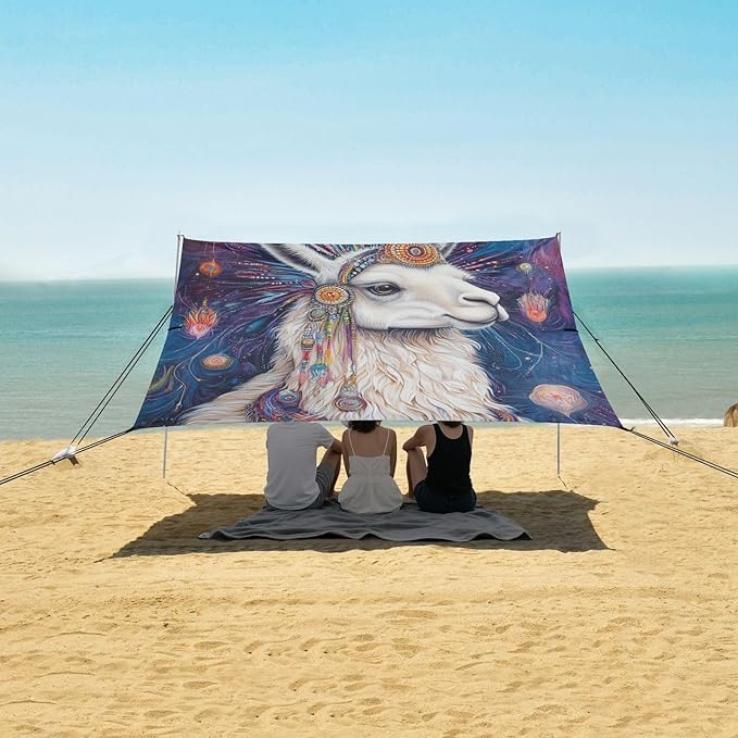 ALAZA Visionary Llama Boho Alpaca Beach Tent Sun Shelter UPF50+ Protection Beach Shade Canopy w/ 4 Sandbags for Outdoor Camping Fishing Backyard Fun Picnic 10x9 ft