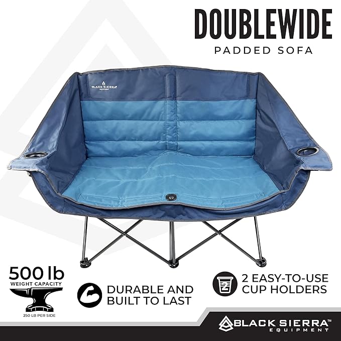 Black Sierra Double Padded Folding Camping Chair Oversized Folding Camp Sofa Portable Outdoor Loveseat Supports 500 lbs Perfect for Beach Tailgating RV Sports Patio