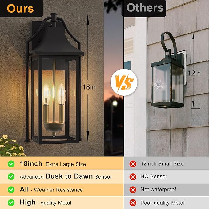 𝟏𝟖𝑰𝑵 Outdoor Wall Sconce Fixture Dusk to Dawn Patio Lights Waterproof Exterior Lanterns 2-Light Modern Wall Lights Mounted with Glass Black Outside Light for House Front Door Decor