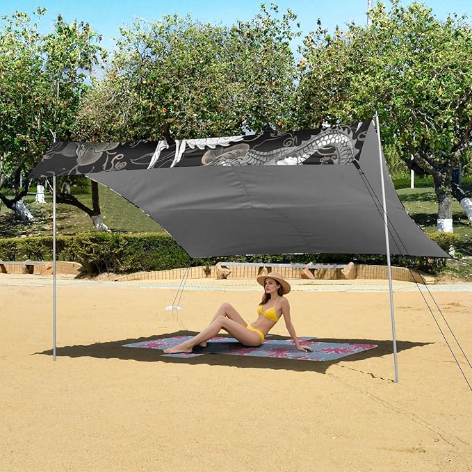 White Dragon Print Beach Tent Sun Shelter 9.2' x 10.5' Beach Canopy with 4 Sandbags 4 Stability Poles Sand Shovels - Tent Canopy for Beach Camping Fishing Picnics