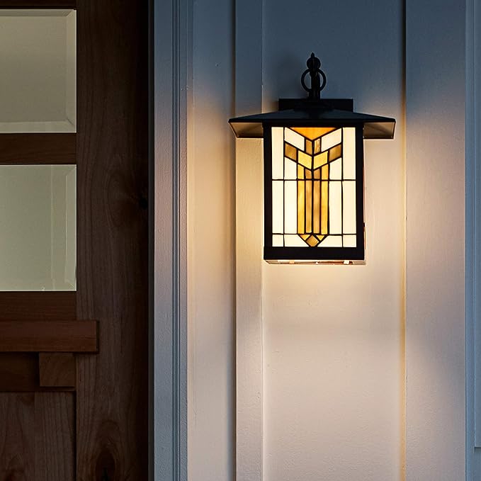 RIVER OF GOODS Stained Glass Outdoor Light Fixture - 11.75 H - Mission Style Porch Light - ‎Lily