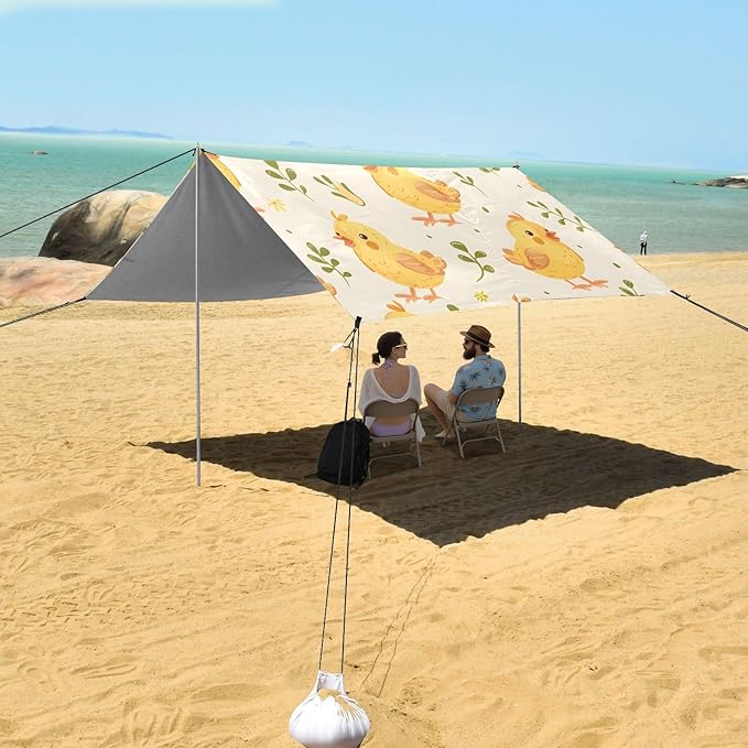 Seamless Pattern Cartoon Chick Camping Sun Shelter Beach Tent Portable Beach Sun Shade Outdoor Canopy for Camping Trips Fishing Picnic