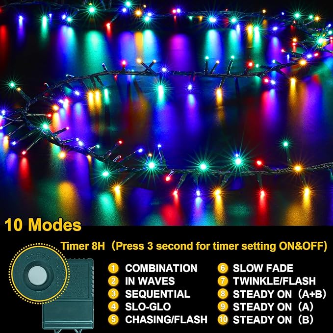 LAMPHOME 500 LED String Lights Outdoor 16 Modes Plug-in Twinkle Fairy for Bedroom 46ft 500LED Christmas Cluster Outdoor Waterproof - Multicolor