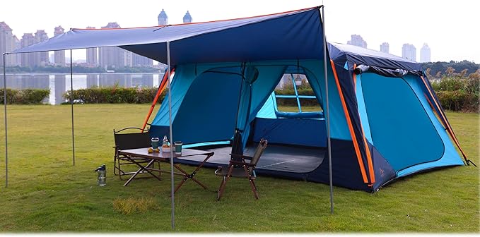 KTT Extra Large Tent 12 PersonFamily Cabin TentsAwning2 Rooms4 Doors and 4 Windows with MeshStraight WallWaterproofDouble LayerBig Tent for OutdoorPicnicCampingFamily Gathering