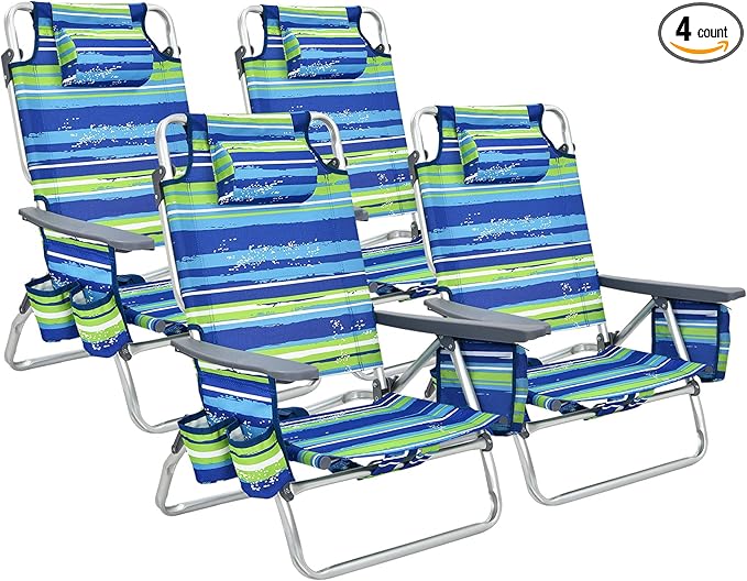 Giantex Folding Beach Chair Patio Sling Chairs with 5 Adjustable Position Head Pillow Storage Bag Towel Bar Cup Holders Backpack Chairs for Sunbathing Camping Chair