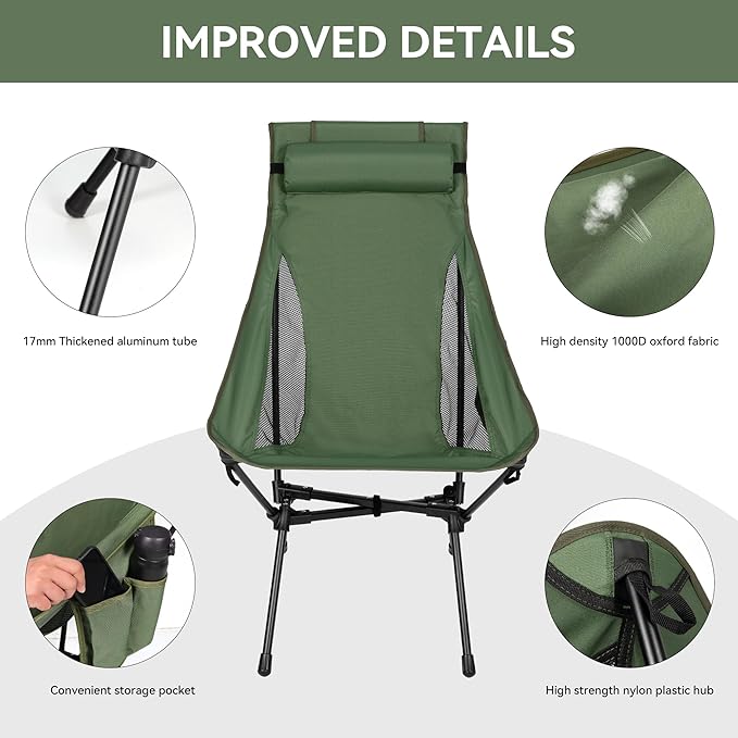 High Back Camping Chair Supports 440 lbs Portable Folding Backpacking Chair with Detachable Pillow for Camping Hiking &amp Travel(Green)
