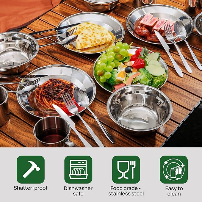 Odoland 29pcs Stainless Steel Utensils Camping Mess Kits with Bowls Plates Cups Forks Spoons and Knives for 4 Cutlery Flatware Set for Backpacking Outdoor Camping Hiking and Picnic