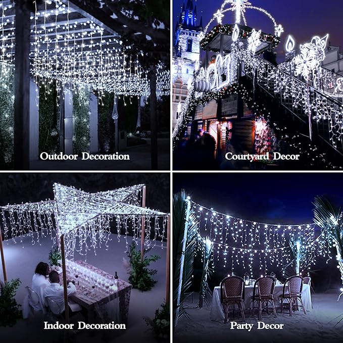 98FT 960 LED Christmas Lights Waterproof 8 Modes Ice Lights for Outside with Memory and Timer Hanging Fairy Lights Plug-in Curtain String Lights for Holiday Party Wedding Home (Cool White)