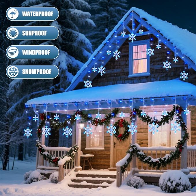 13 Ft 192 LED Snowflake Christmas Icicle Lights with 16 Drops 8 Modes and Timer IP65 Waterproof Connectable for Indoor Outdoor House Window Blue and White