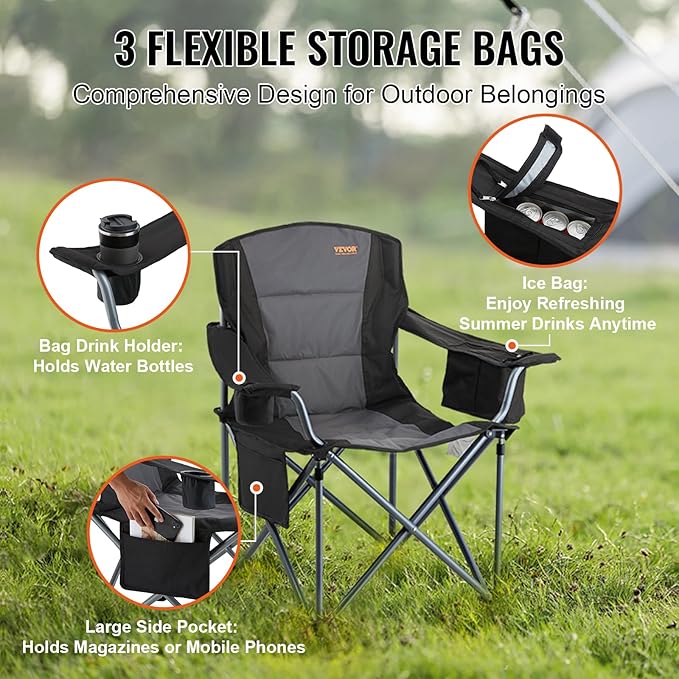 VEVOR Oversized Camping Folding Chair Portable Heavy Duty Outdoor Quad Lumbar Back Padded with Side Pockets Cup Holder and Cooler Bag for Beach Lawn Picnic Fishing Backpacking Black
