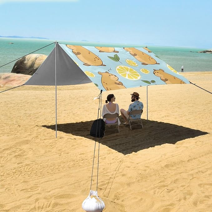 Cute Capybara and Lemon Camping Sun Shelter Beach Tent Portable Beach Sun Shade Outdoor Canopy for Camping Trips Fishing Picnic