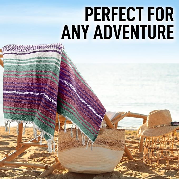 Hydration Nation Authentic Extra Large Mexican Blanket (70x50) - Handwoven Yoga Serape- Artisanal Falsa Beach Camping Picnic Outdoor - Dawn
