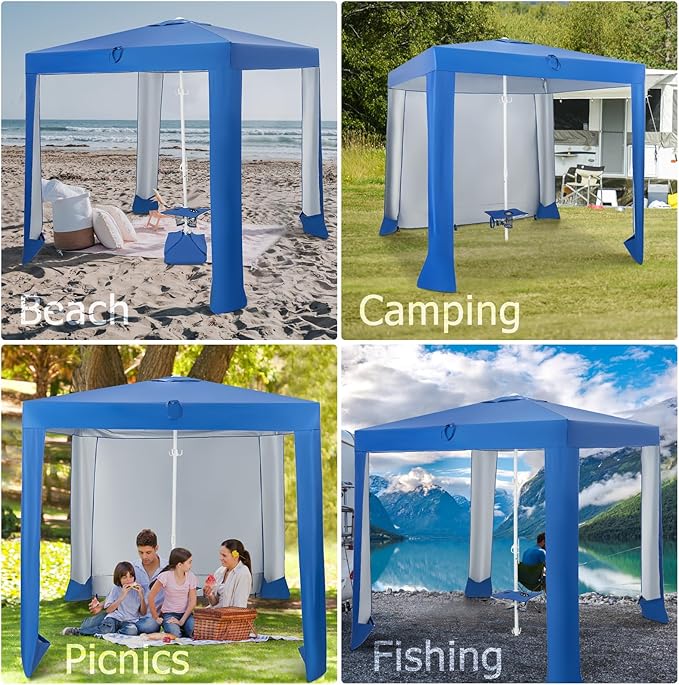 Tangkula 6.6x6.6 Ft Beach Cabana Portable Beach Canopy with Detachable Sidewall 5 Sandbags 2 Cup Holders Sand Anchor UPF 50+ Sun-Protection Outdoor Beach Umbrella Shelter with Carrying Bag