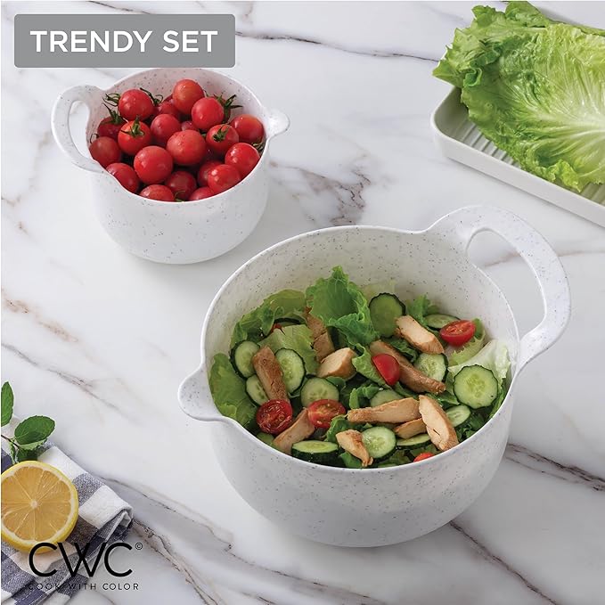 COOK WITH COLOR Nesting Plastic Mixing Bowl Set with Pour Spouts and Handles Speckled White 6 Piece Non-Slip