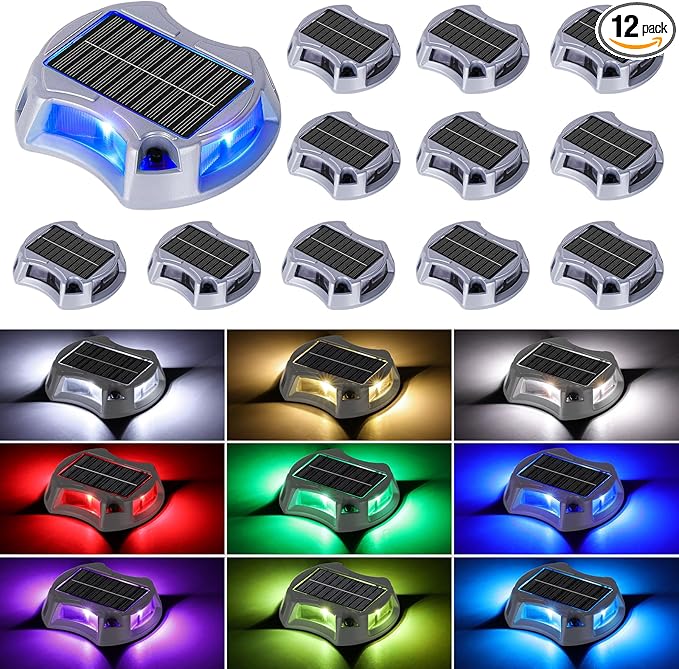 Bosceos Solar Driveway Lights Deck Dock Lights Outdoor 12 Pack 9 Colors in 1 Pathway Light Solar Powered Waterproof LED Marker Marine Light for Warning Driveway Sidewalk Pathway Walkway Step(RGB)