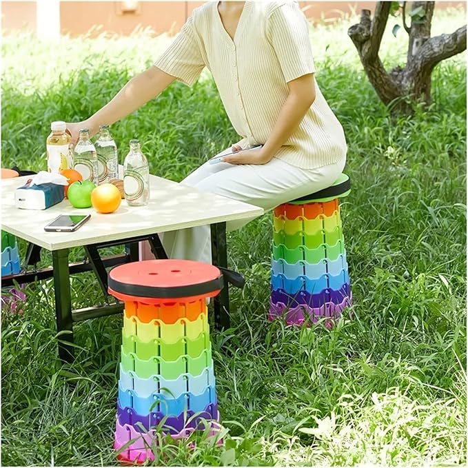 The Latest Portable Fun Casual Round Folding Chair Adjustable Plastic Fishing Stool Rainbow Telescopic Stooltool(Colorful blue)