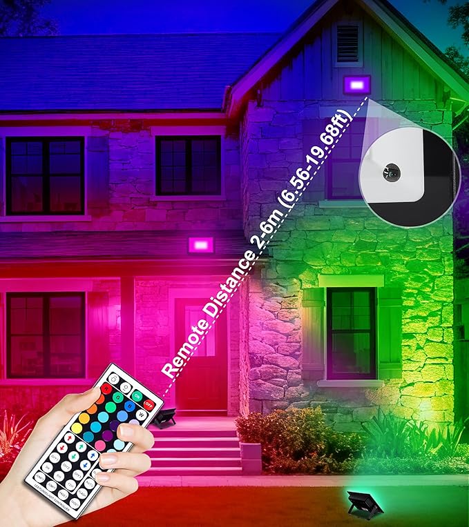 50W RGB Flood Light with Remote &amp 6.6Ft Cable Halloween RGB Floodlight IP66 Waterproof Color Changing Christmas Light 5000K White LED Floodlight Outdoor Uplights for Events 4 Pack