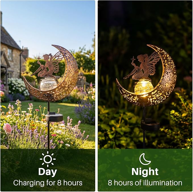 MEBRUDY Fairy Solar Garden Outdoor Decor Moon Figurine Light Stake Housewarming Ornament for Patio Lawn Yard Pathway Unique Gift Ideas for Gardening Mom Grandma Women