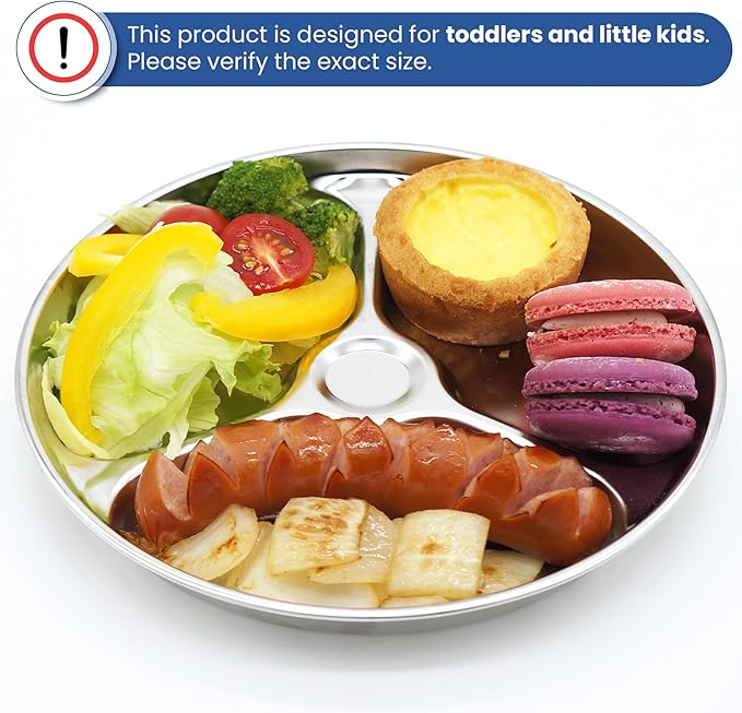 Korean Stainless Steel Divided Plates for Toddlers Kids Babies 8-Inch Premium 304 Electro-Polished No Black Residue BPA-Free Round 3-Compartment Food Tray Camping Diet Control Set of 2