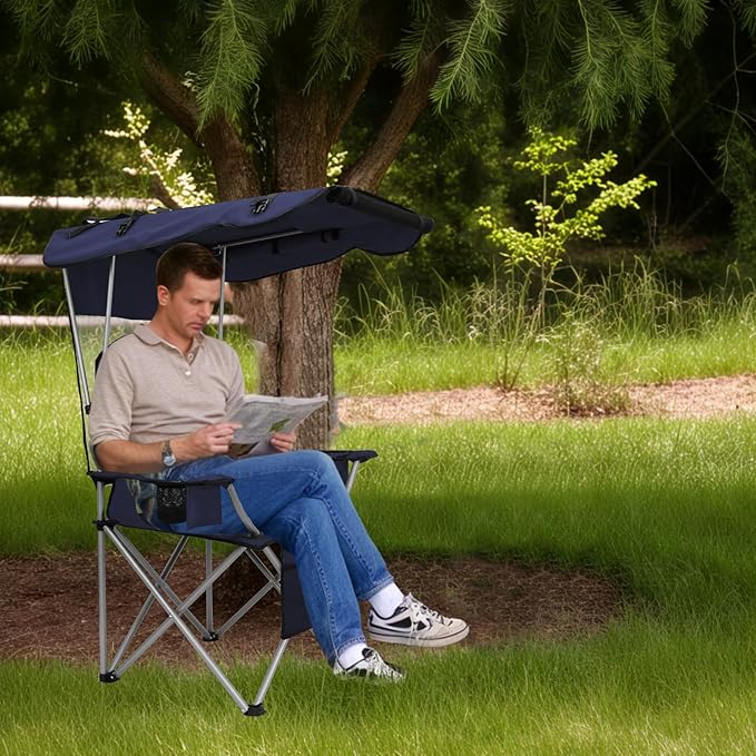 PLKO Camping Chairs with Canopy Portable Quad Lawn Chair for Adults Folding Recliner Chair with Cup Holder Outdoor Events and Shade- Support 330 LBS