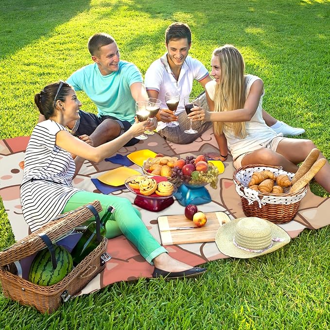 Waterproof Sandproof Beach Blanket 59''×68'' Animal Family Polyester Outdoor Picnic Blanket with 4 Stakes &amp Storage Bag for BeachCampingVacation White &amp Brown