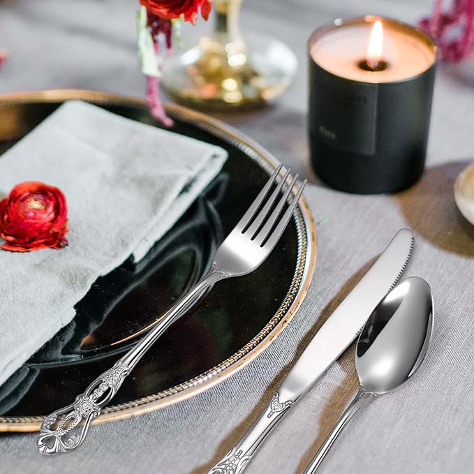 Retro Royal Silverware Silver Flatware Set for 4 Stainless Stainless Forks Spoons Knives 20 Pieces Retro Kitchen Utensils Restaurant Home and Festival Parties Durable