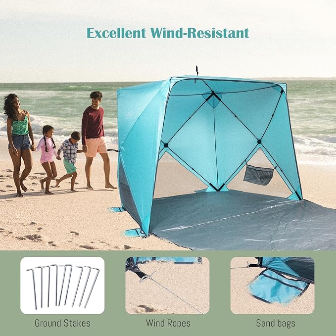 Beach TentBeach Sun Shelter with UPF 50+UV Protection with Extendable Floor mat for 3-4 Person Waterproof Portable Easy Setup Beach Canopy Shade Tent for Outdoor Camping Picnics