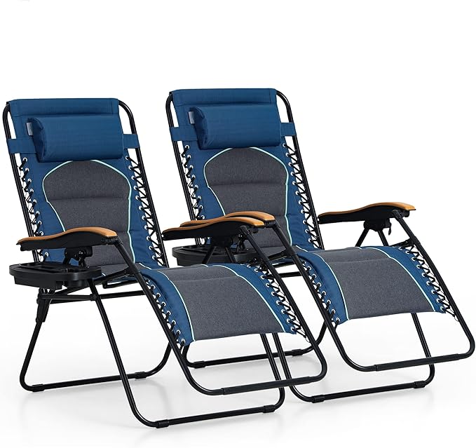PHI VILLA XXL Oversized Padded Zero Gravity Chair Set of 2 Foldable Patio Recliner 30 Wide Seat Anti Gravity Lounger with Armrest and Cup Holder Support 400 LBS (Blue Accents)