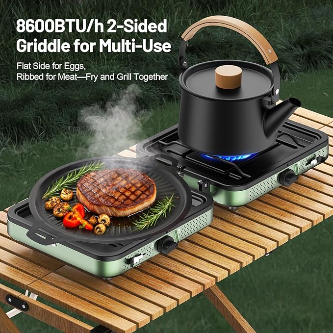 Portable Camping stove 2 Burner Foldable Camping Stove with Griddle and Carrying Bag &amp Hose 8600BTU Portable Propane Camp Stove with Ignition &amp 2 Adjustable Burnersfor Camping Tailgating BB