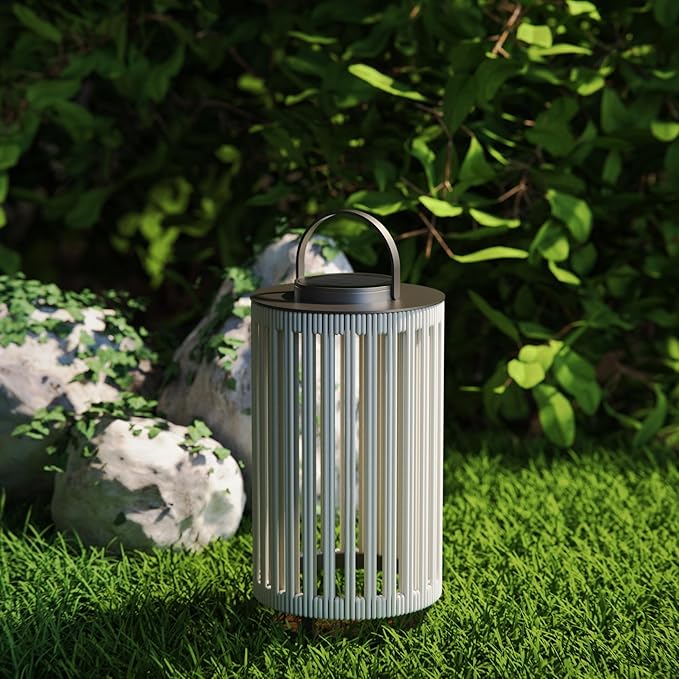 Outdoor Solar Lanterns Outdoor Hollowed-Out LED Floor Lights Aluminum Braided Rope Lantern with Handle for Patio Yard Pathway Grey