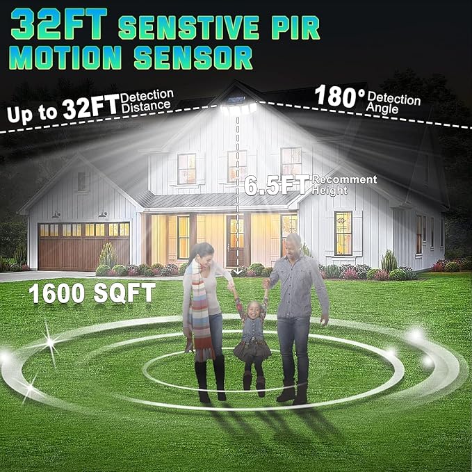 Solar Lights Outdoor Waterproof Motion Sensor - 416 LEDs 3000 Lumens Super Bright 3 Brightness 3 Modes 2400mAh 360° Illumination 32ft Solar Flood Security Light for Outside (‎With Remote Control 4)