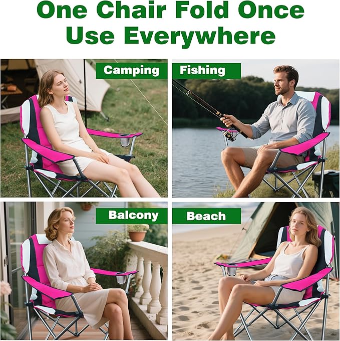 Camabel Folding Camping Chairs 400lbs Oversized Outdoor Collapsible Lawn Chair Padded Sports Portable Lightweight Chairs for Beach Hiking Fishing Picnics with Cup Holder Hanami Pink