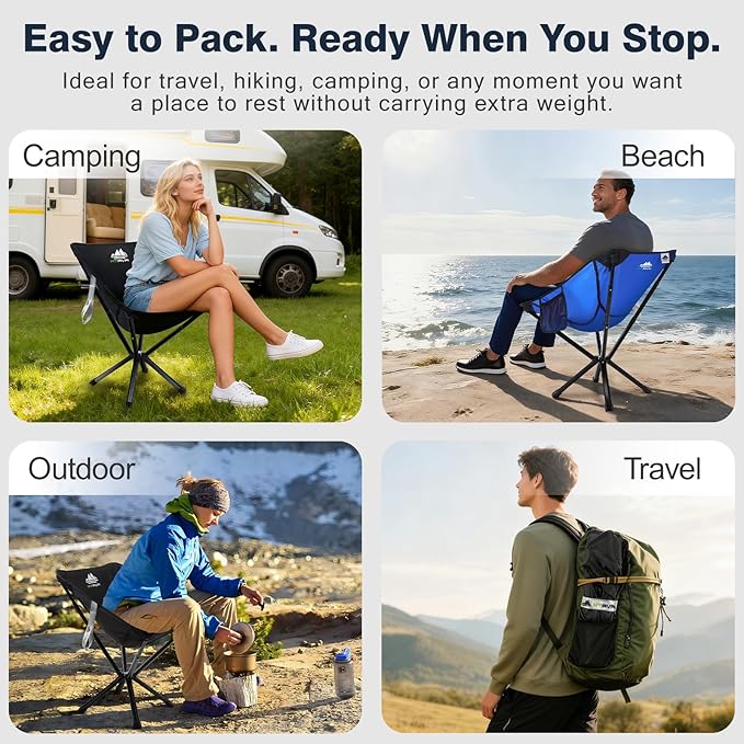 Lightweight Folding Camping Chair — 3.3 lb Compact Portable Design One-Piece No Assembly Structure Aluminum Frame Easy Carry Chair for Travel Hiking Camping &amp Beach