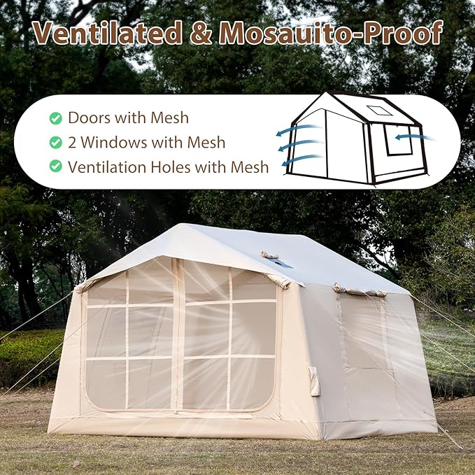 Inflatable Camping Tent with Hand Pump Waterproof Outdoor Blow up Tent 2-8 Person Oxford 4 Season Glamping Air Tent Cabin House with Mesh Windows &amp Door