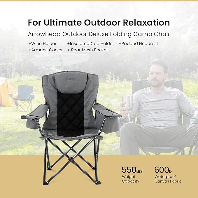 ARROWHEAD OUTDOOR Portable Deluxe Folding Camp Quad Chair w/Headrest Glass &amp Cup Holders Armest 6-can Cooler Heavy Duty Carry Bag 550 lbs Weight Capacity