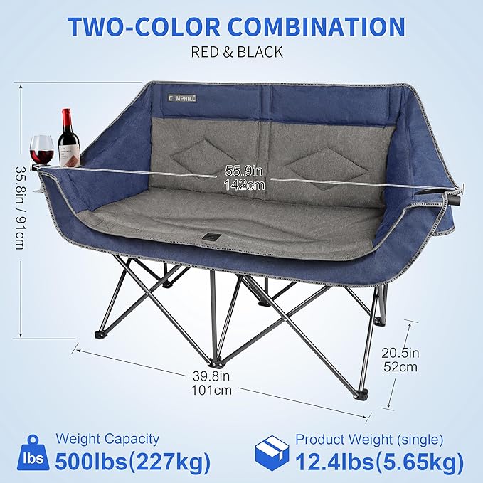 Oversized Double Camping Chair-Heavy Duty 2 Person Folding Loveseat Camp Couch for AdultsPortable Outdoor Lawn Chairs with Padded Seat for FishingSports and PatioSupports 500 LBSBlue