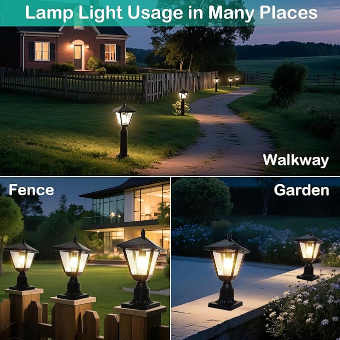 Solar Post Lights Outdoor – No Wiring Required Auto Dusk to Dawn Fence &amp Pillar Light for Backyard Garden Pathway Metal and Glass Built Weather Resistant Post Lamp Lights (Warm White)