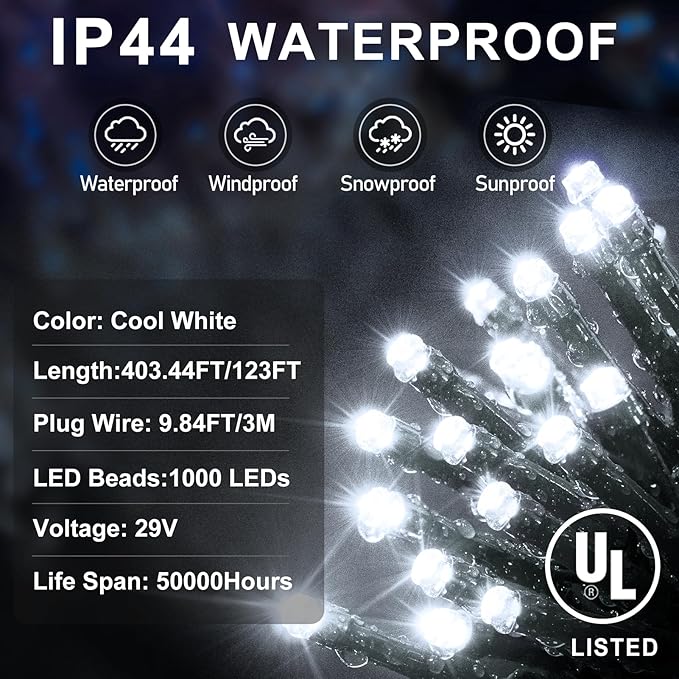 KNONEW 403FT 1000 LED Christmas Lights Outdoor String Light 8 Modes &amp Timer Fairy Lighting Plug in Waterproof for Xmas Yard Tree Wedding Party Holiday Decorations (Cool White)
