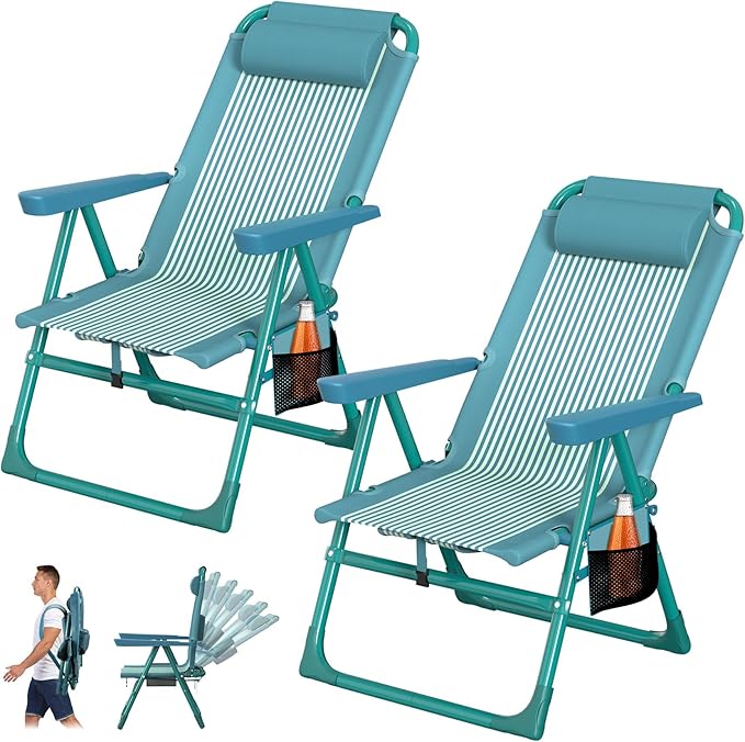 Suteck Backpack Beach Chairs for Adults 2 Pack 6-Position Folding Reclining Chair with Cooler Bag &amp Cup Holder Lightweight Portable Beach Chair for Camping Outdoor Sand Travel Use